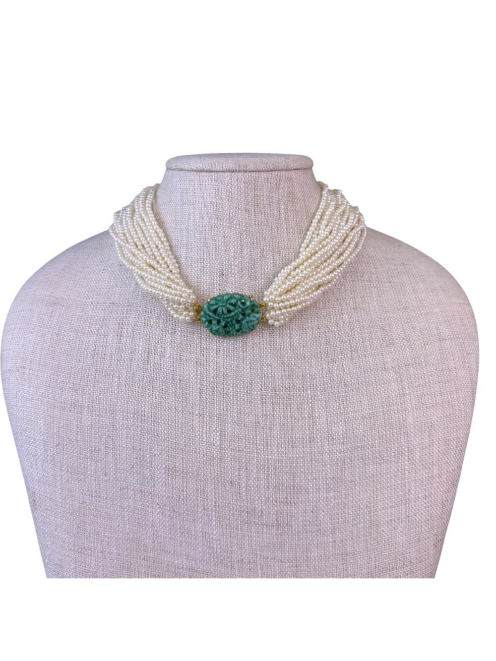 Multi-Strand Seed Pearl Necklace Green Carved Stone Centerpiece Gold Tone